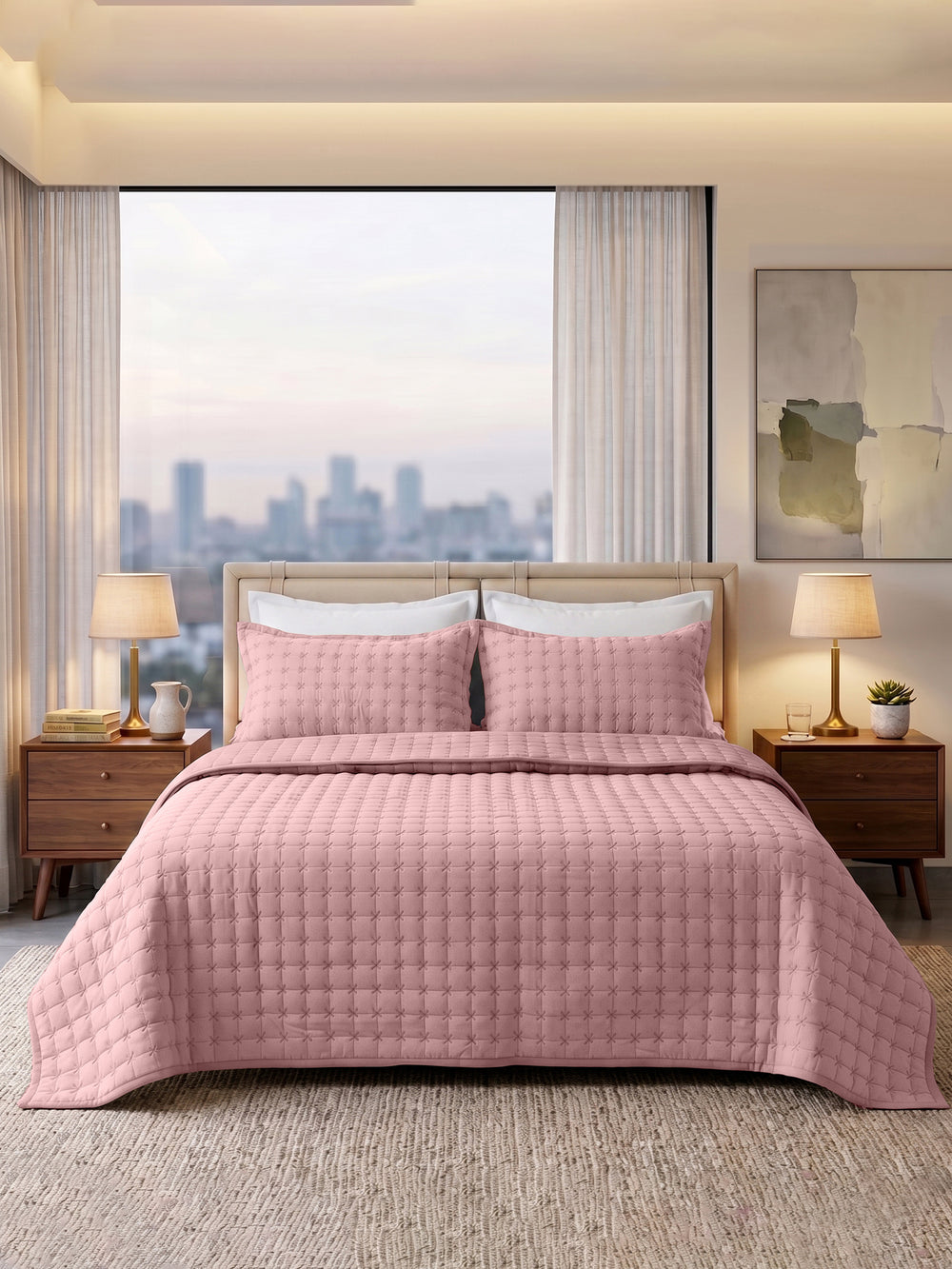 SOLACE bedcover set in Pink, styled on a king bed
