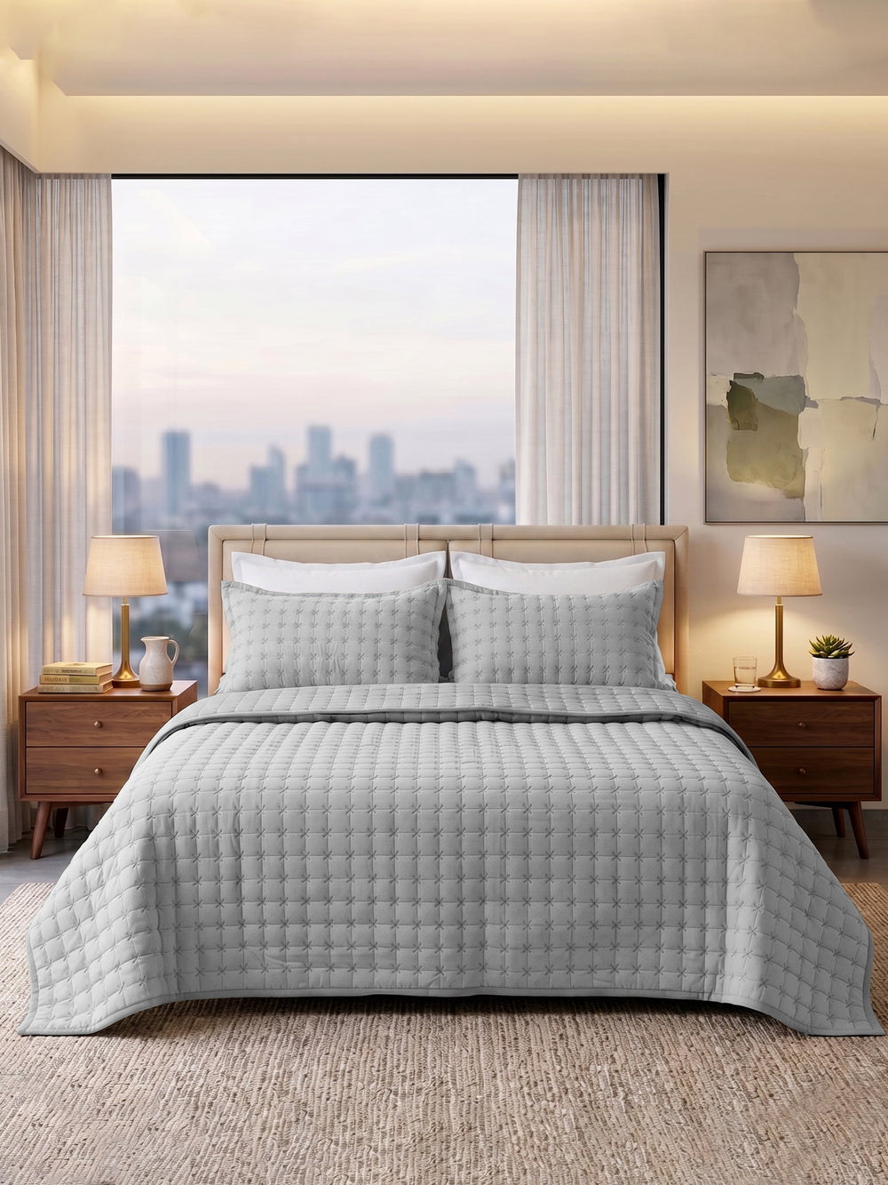 SOLACE bedcover set in Silver, styled on a king bed