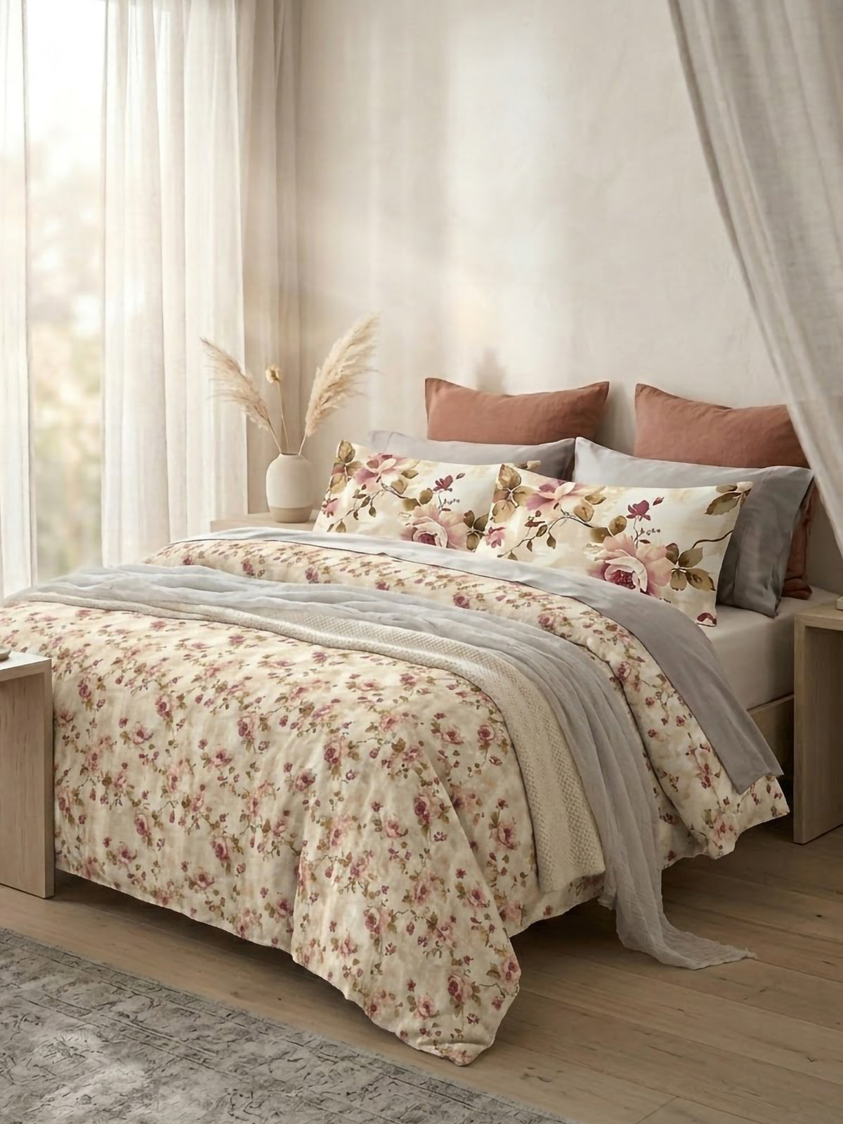 LABHAM Flora Fauna 200TC Natura Soft Bedsheet Set With 2 Matching Pillow Covers - King Size