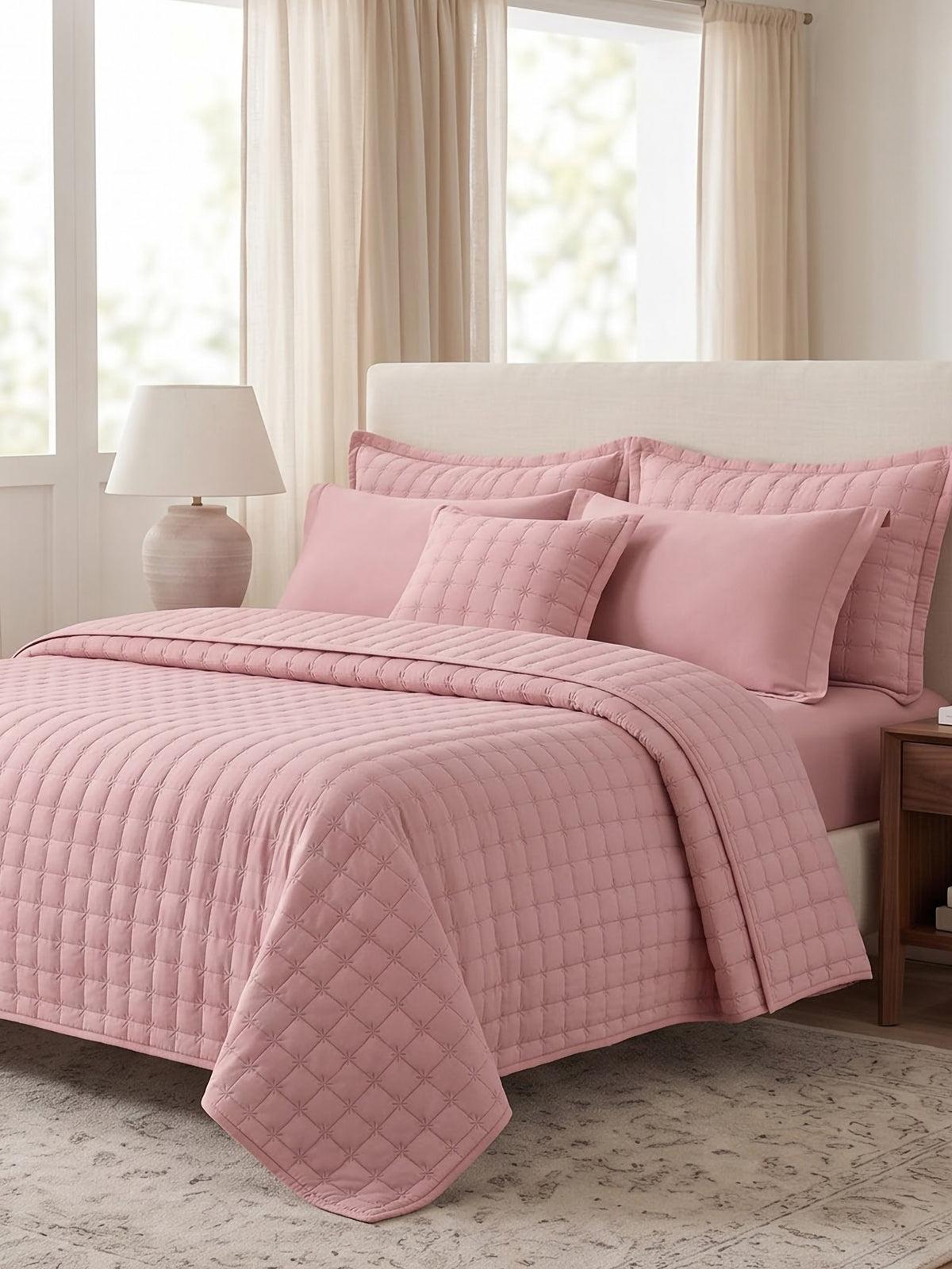 SOLACE 300GSM Cross Stitch Embroidered Quilt Bed Cover Set with 2 Pillow Covers – King Size