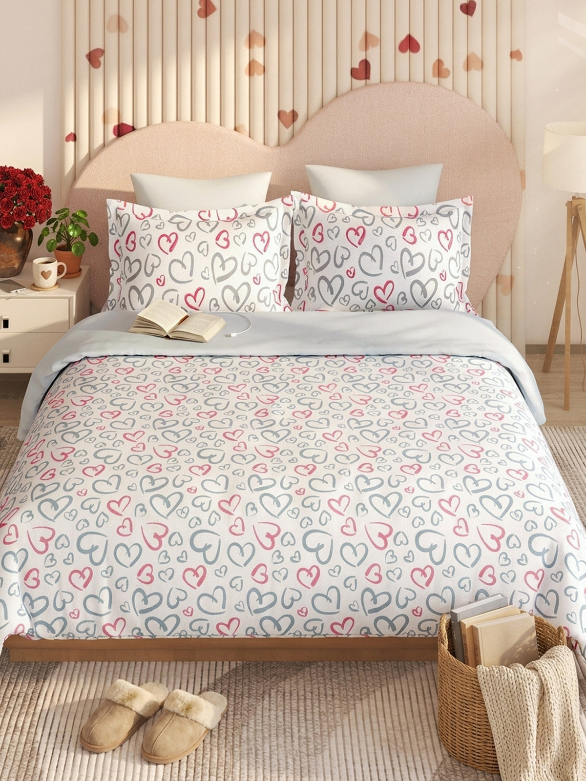 LABHAM Love Forever 200TC Natura Soft Coral Multi Heart Doodle Print Bedsheet Set With 2 Matching Pillow Covers - King Size