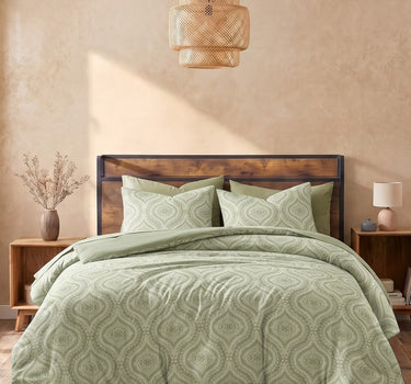 LABHAM Kadambari 300TC cotton king bedsheet in green — Moroccan ogee damask percale (view 2)