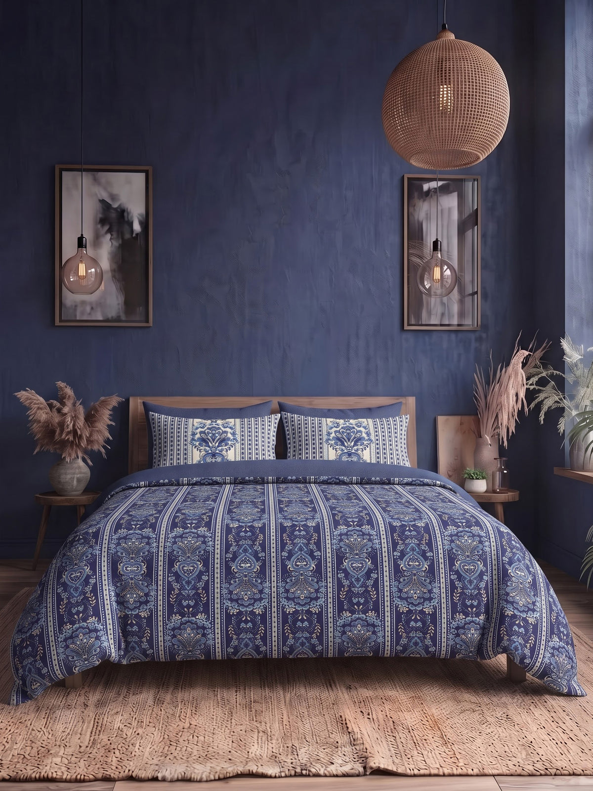 LABHAM Indigo 200TC Natura Soft Bedsheet Set With 2 Matching Pillow Covers - King Size