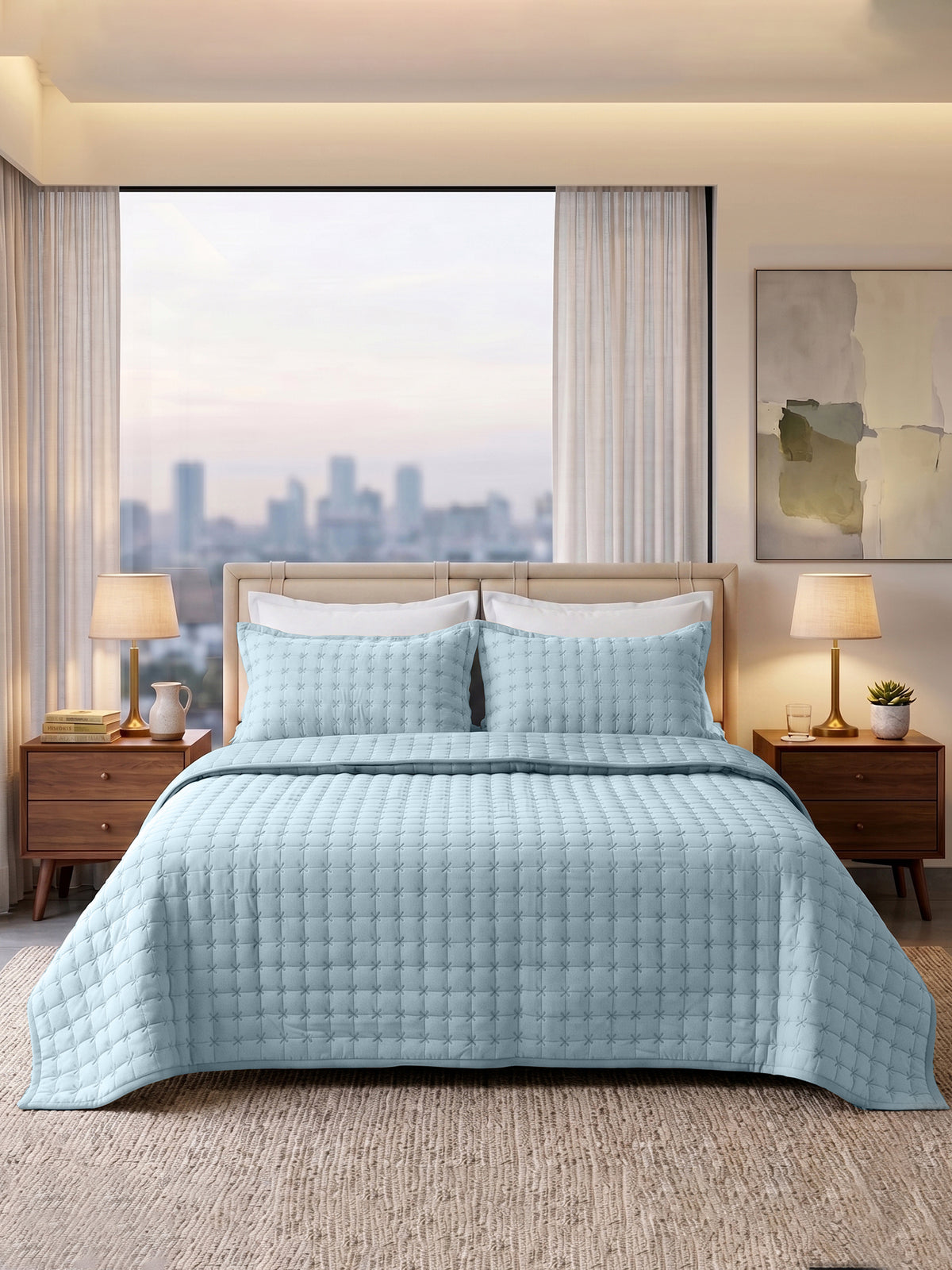 SOLACE 300GSM Cross Stitch Embroidered Quilt Bed Cover Set with 2 Pillow Covers – King Size