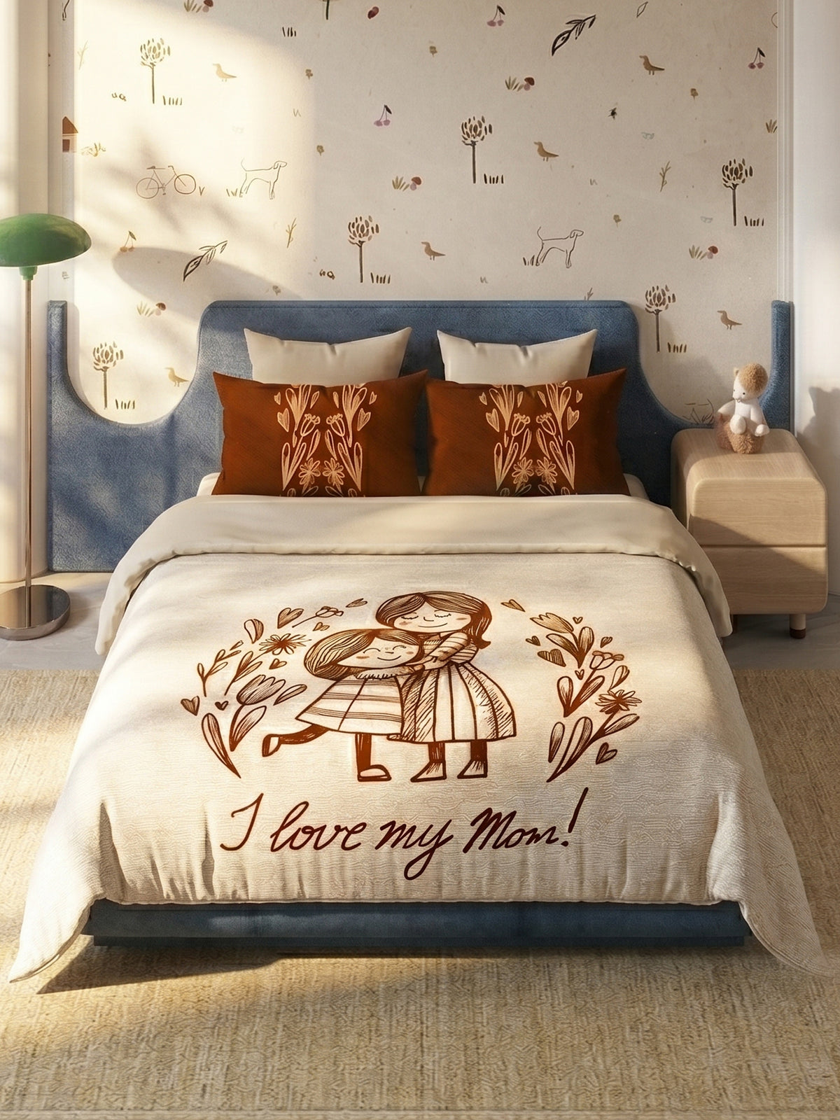 Happy Home 200TC Natura Soft I Love Mom Print Beige Bedsheet Set With 2 Matching Pillow Covers - King Size