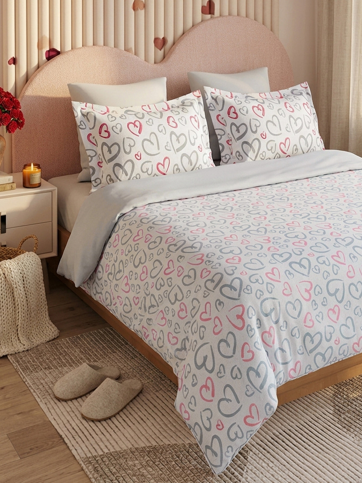 LABHAM Love Forever 200TC Natura Soft Coral Multi Heart Doodle Print Bedsheet Set With 2 Matching Pillow Covers - King Size