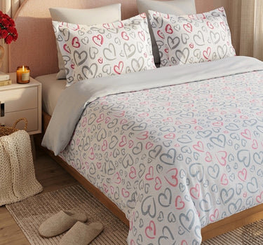 LABHAM Love Forever 200TC Natura Soft Coral Multi Heart Doodle Print Bedsheet Set With 2 Matching Pillow Covers - King Size