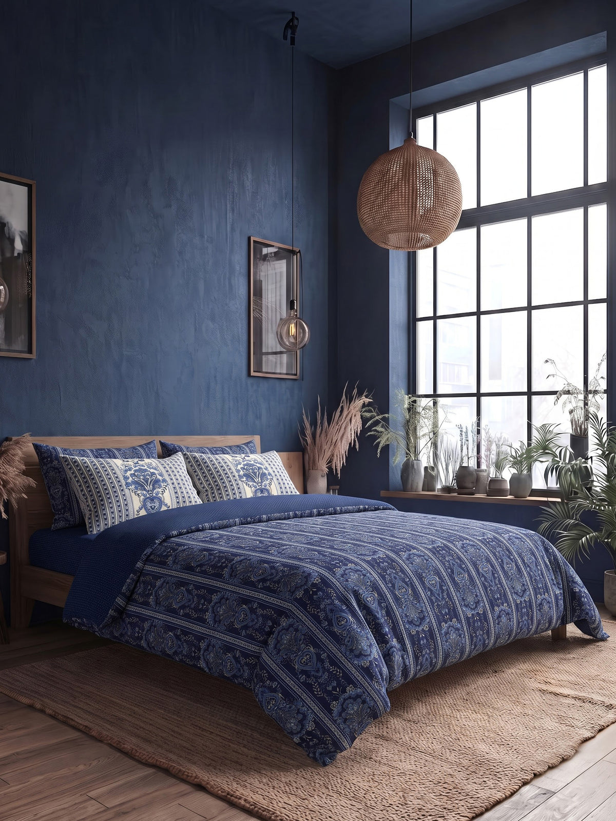 LABHAM Indigo 200TC Natura Soft Bedsheet Set With 2 Matching Pillow Covers - King Size