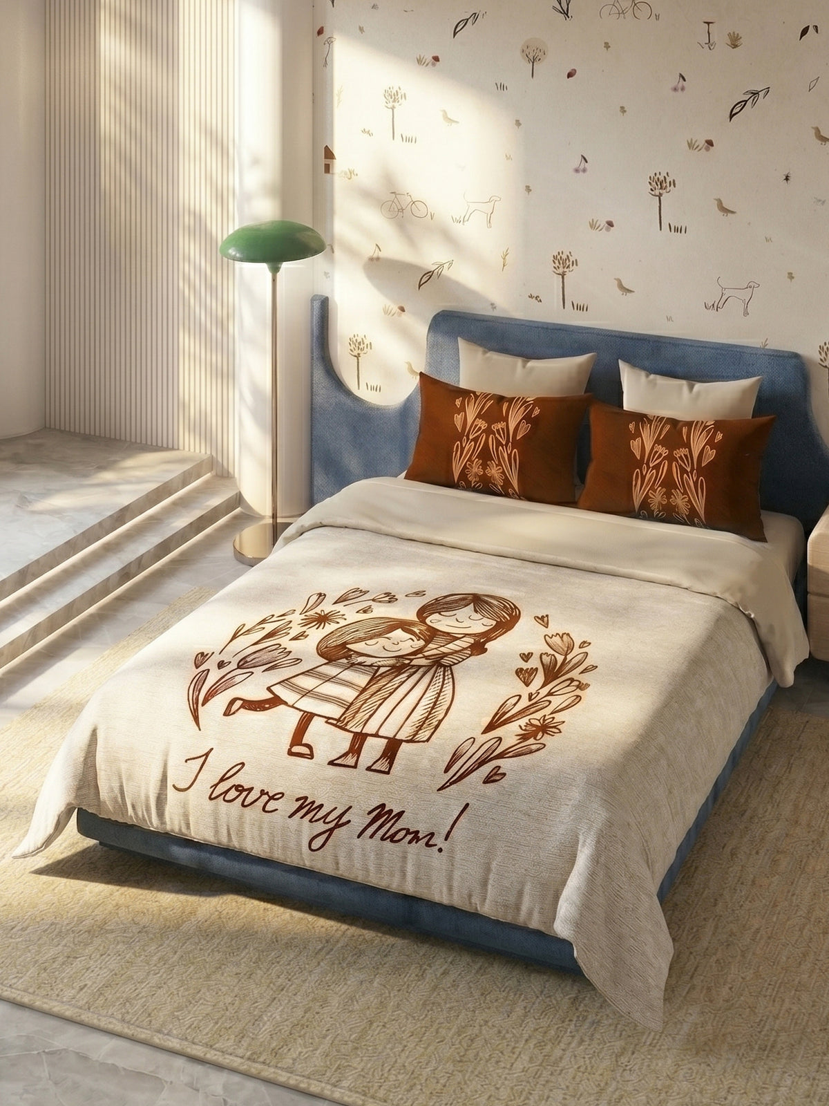 Happy Home 200TC Natura Soft I Love Mom Print Beige Bedsheet Set With 2 Matching Pillow Covers - King Size