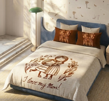 LABHAM Happy Home 200TC Natura Soft I Love Mom Print Beige Bedsheet Set With 2 Matching Pillow Covers - King Size