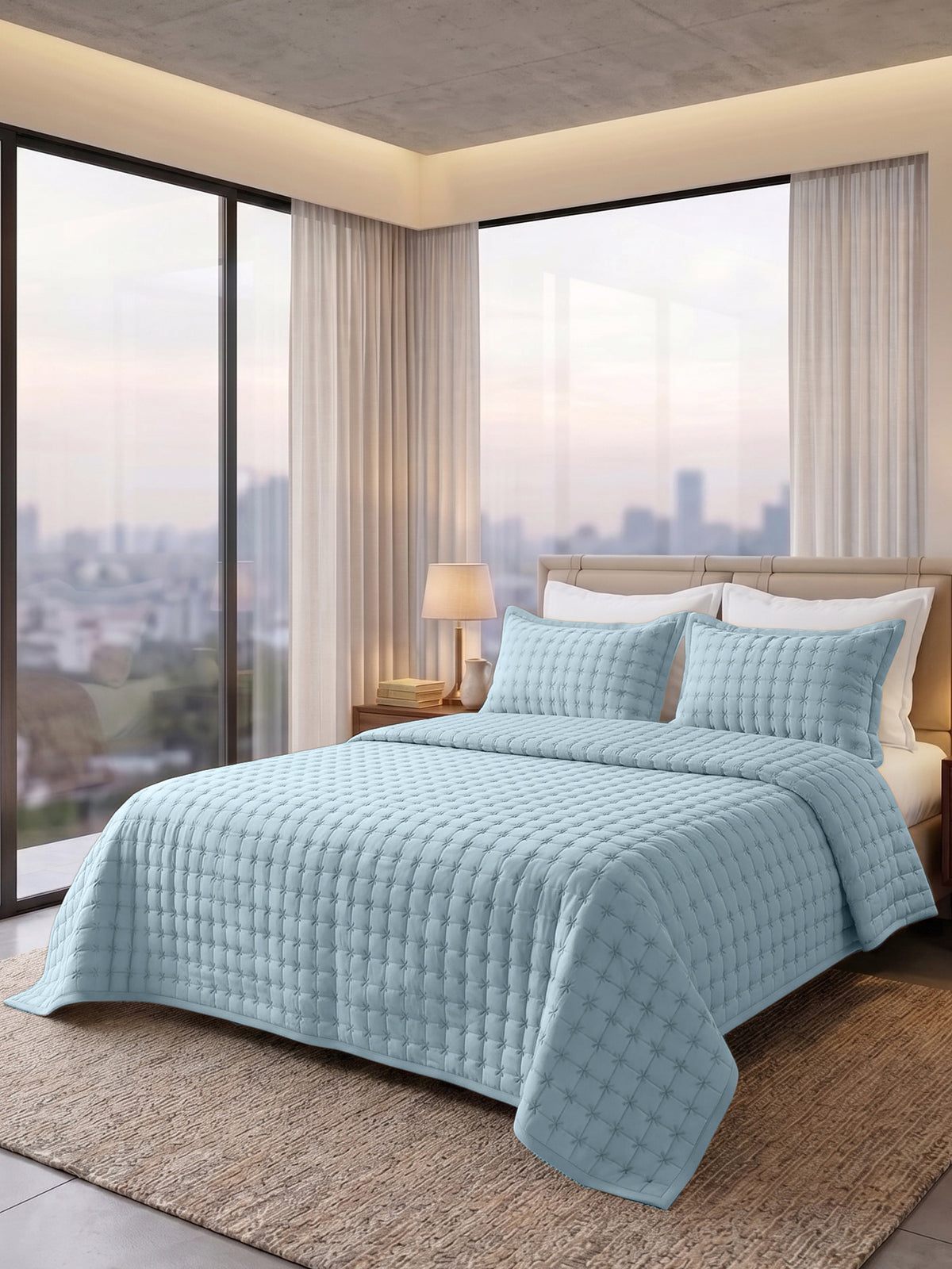 SOLACE 300GSM Cross Stitch Embroidered Quilt Bed Cover Set with 2 Pillow Covers – King Size