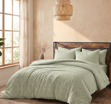 LABHAM Kadambari 300TC cotton king bedsheet in green — Moroccan ogee damask percale (view 3)