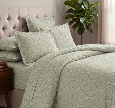 LABHAM Kadambari 300TC cotton king bedsheet in green — Moroccan ogee damask percale (view 1)