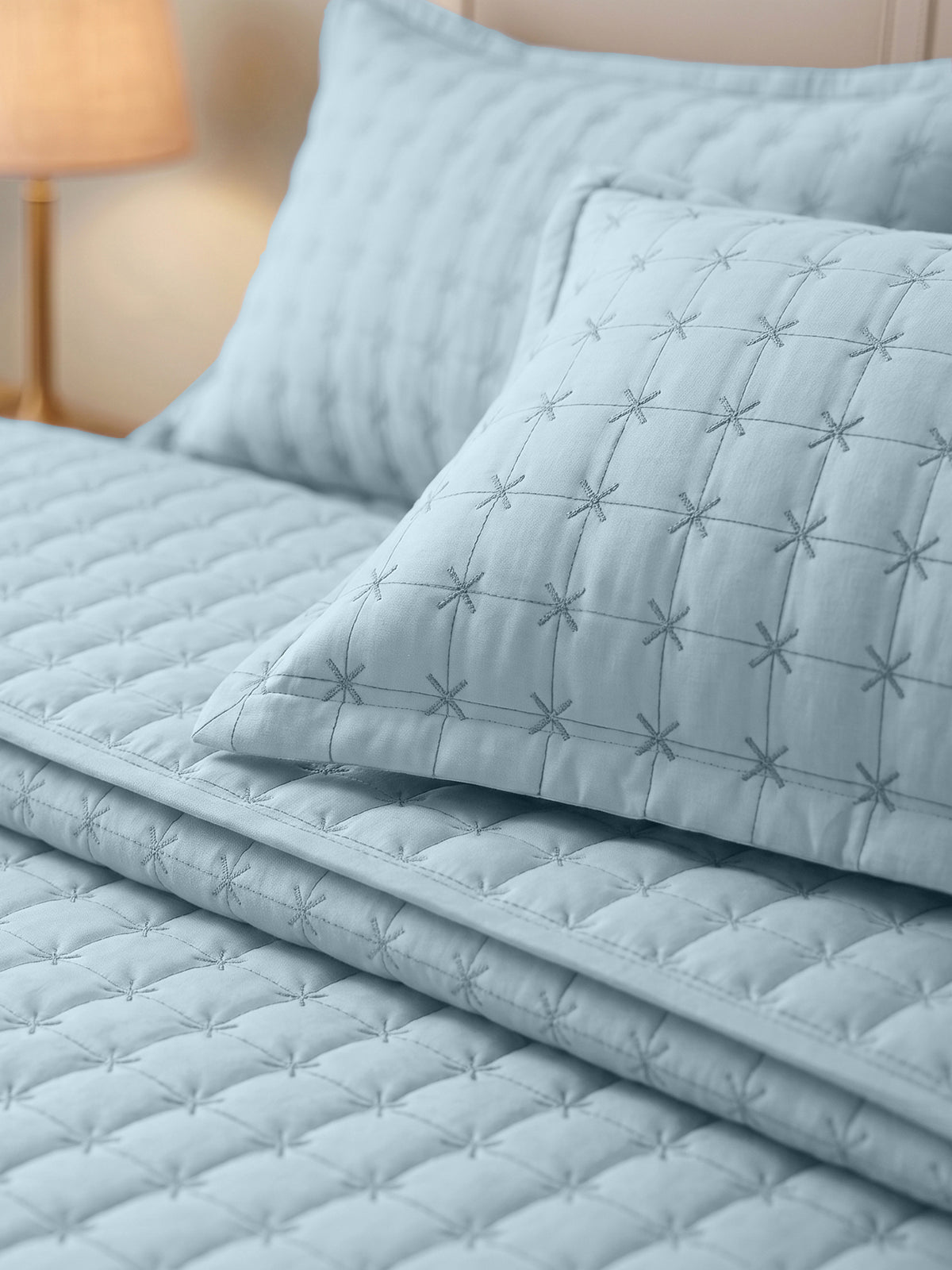 SOLACE 300GSM Cross Stitch Embroidered Quilt Bed Cover Set with 2 Pillow Covers – King Size