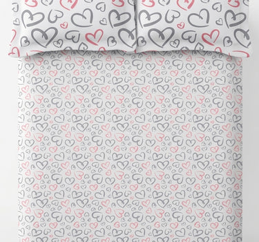 LABHAM Love Forever 200TC Natura Soft Coral Multi Heart Doodle Print Bedsheet Set With 2 Matching Pillow Covers - King Size
