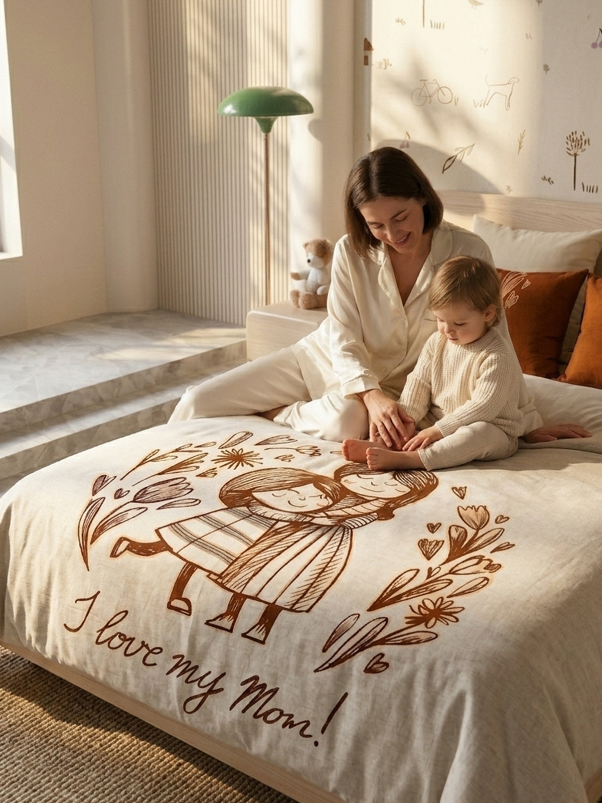 Happy Home 200TC Natura Soft I Love Mom Print Beige Bedsheet Set With 2 Matching Pillow Covers - King Size