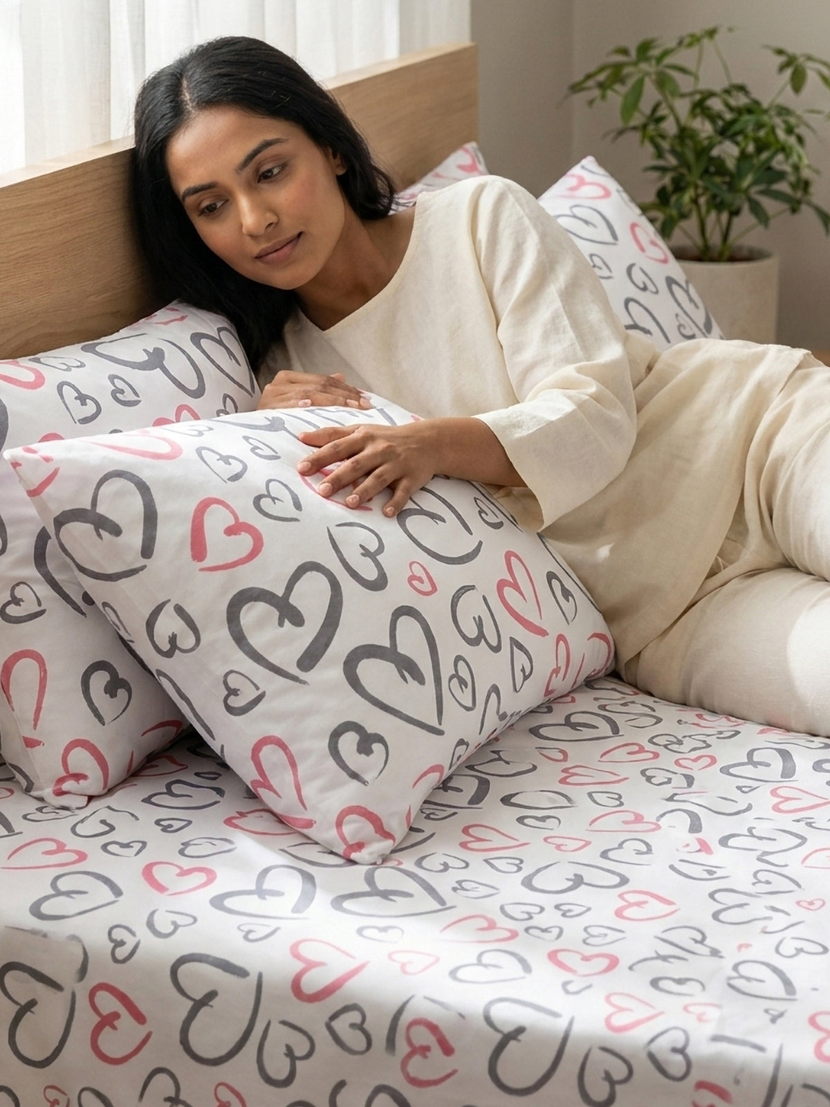 LABHAM Love Forever 200TC Natura Soft Coral Multi Heart Doodle Print Bedsheet Set With 2 Matching Pillow Covers - King Size