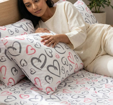 LABHAM Love Forever 200TC Natura Soft Coral Multi Heart Doodle Print Bedsheet Set With 2 Matching Pillow Covers - King Size