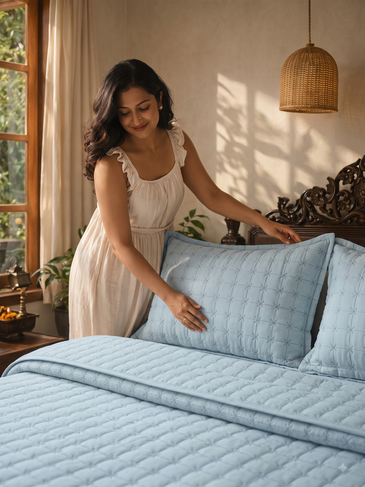SOLACE 300GSM Cross Stitch Embroidered Quilt Bed Cover Set with 2 Pillow Covers – King Size