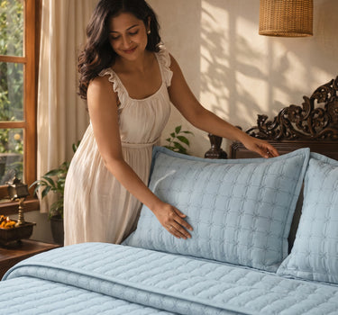 SOLACE 300GSM Cross Stitch Embroidered Quilt Bed Cover Set with 2 Pillow Covers – King Size