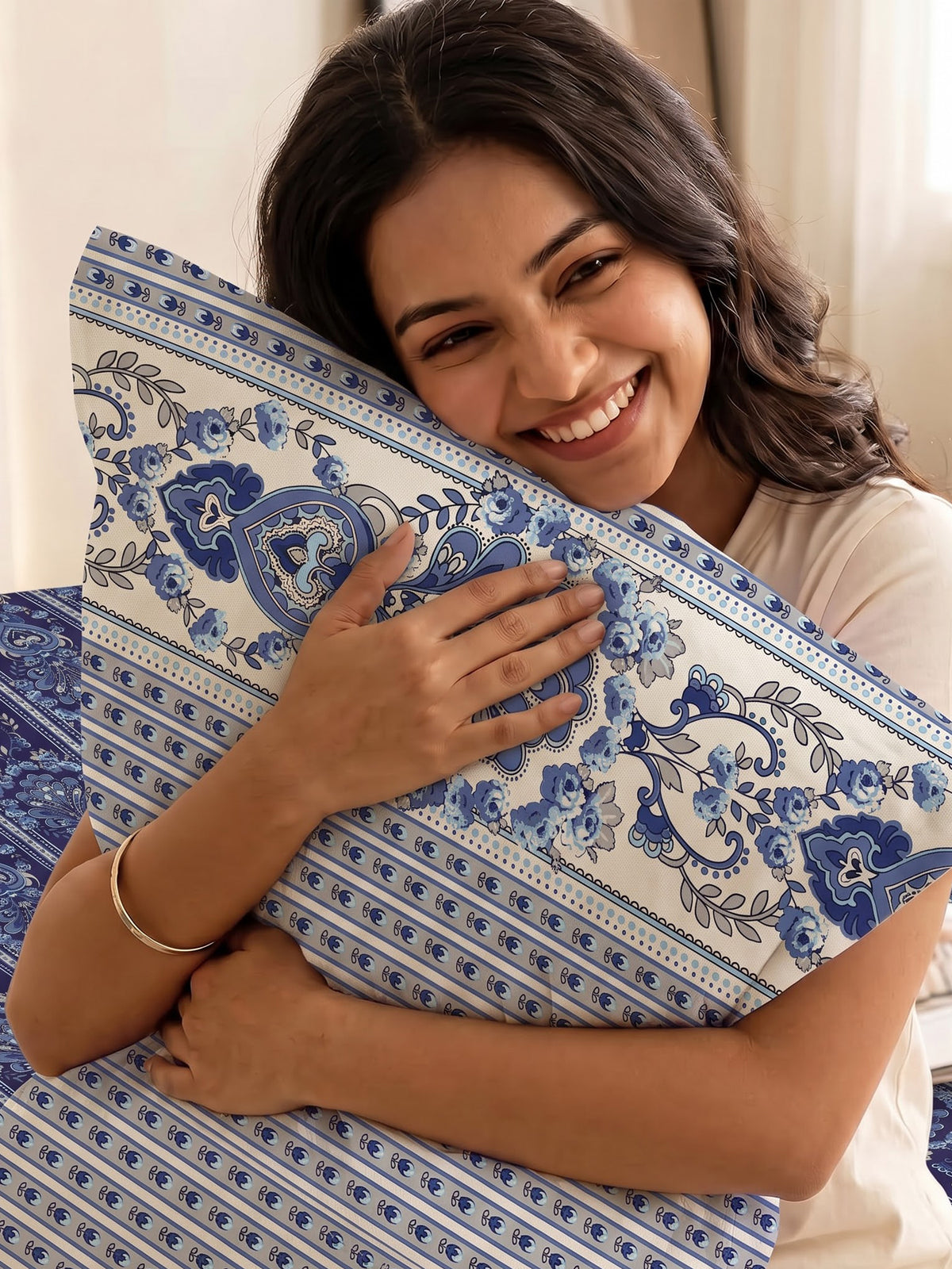 LABHAM Indigo 200TC Natura Soft Bedsheet Set With 2 Matching Pillow Covers - King Size
