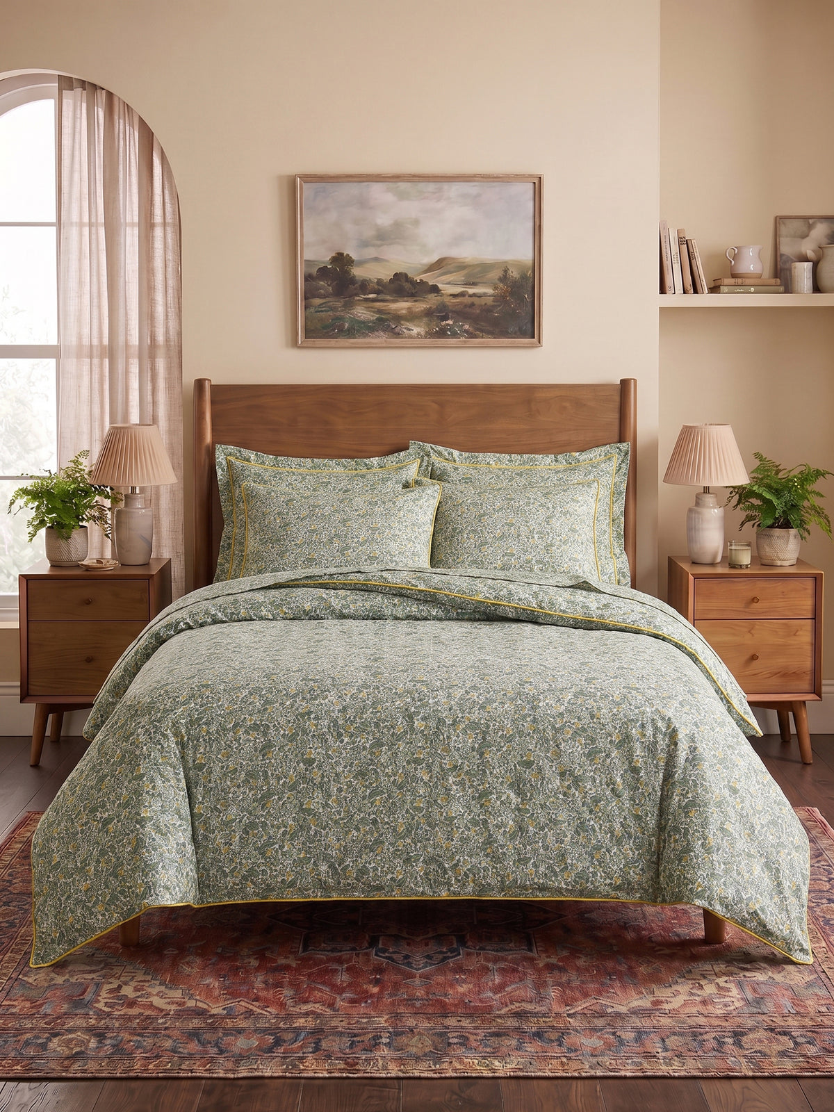 LABHAM Hemline 500TC 100% Cotton Printed King Size Bedsheet Set with 2 Matching Pillow Covers - King Size ( Sage Bloom )