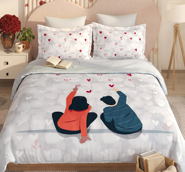 LABHAM Love Forever 200TC Natura Soft Slate Grey Heart Whisper Couple Print Bedsheet Set With 2 Matching Pillow Covers - King Size