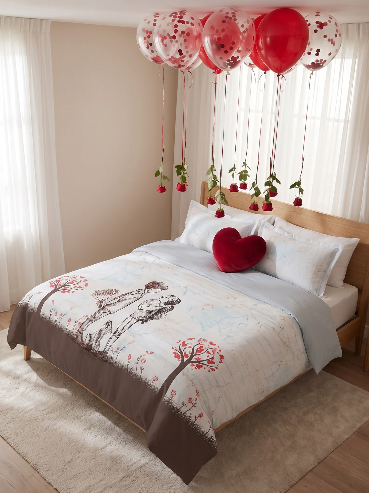 Love Forever 200TC Natura Soft Pearl White Sketch Love Garden Print Bedsheet Set With 2 Matching Pillow Covers - King Size