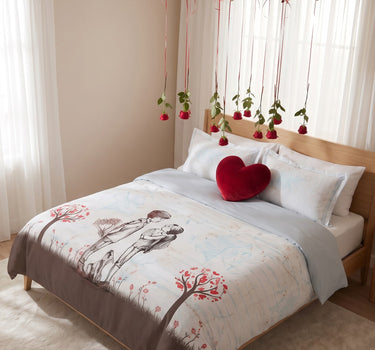 Love Forever 200TC Natura Soft Pearl White Sketch Love Garden Print Bedsheet Set With 2 Matching Pillow Covers - King Size