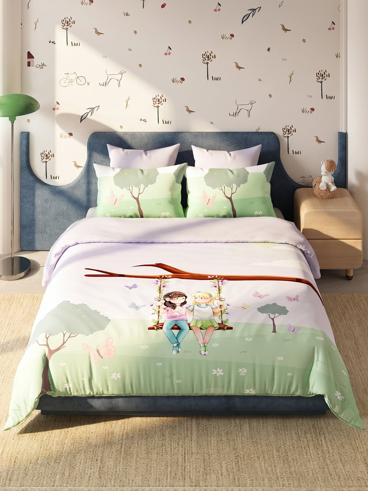 LABHAM Happy Home 200TC Natura Soft Garden Swing Print Lilac Bedsheet Set With 2 Matching Pillow Covers - King Size