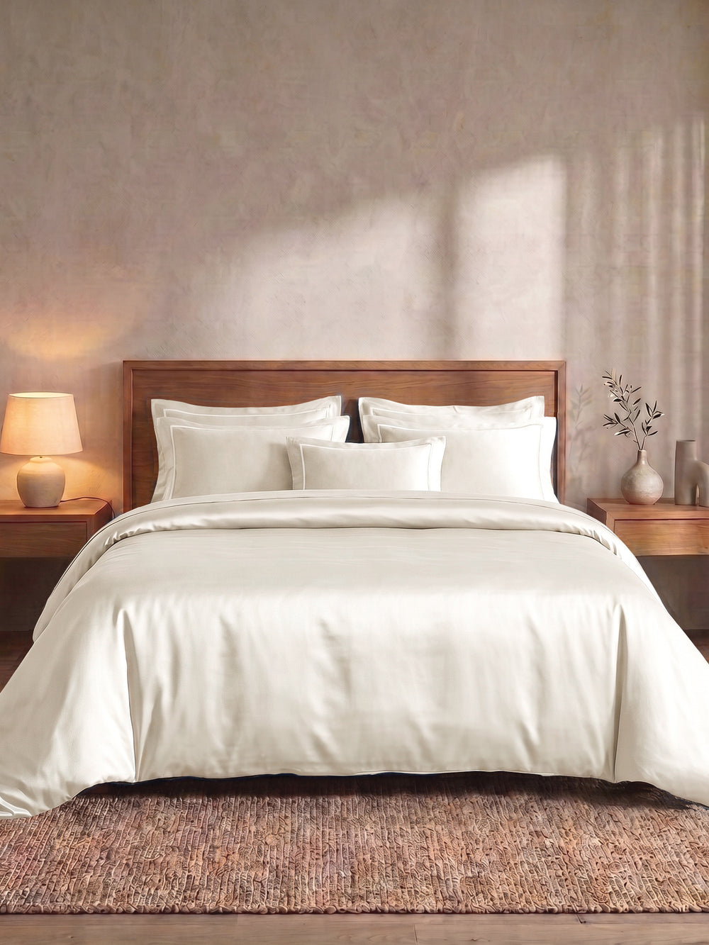 LABHAM 400TC bamboo bedsheet in Ivory, styled on a king bed