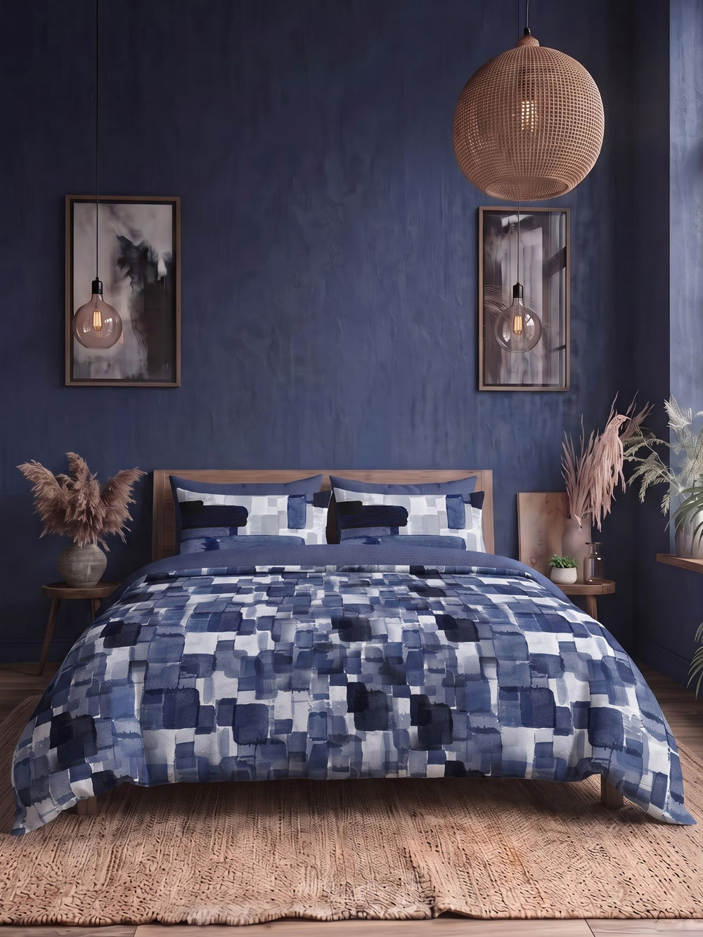 LABHAM Indigo 200TC NaturaSoft bedsheet in Bedsheet Set With 2 Matching Pillow Covers - King Size, styled on a king bed