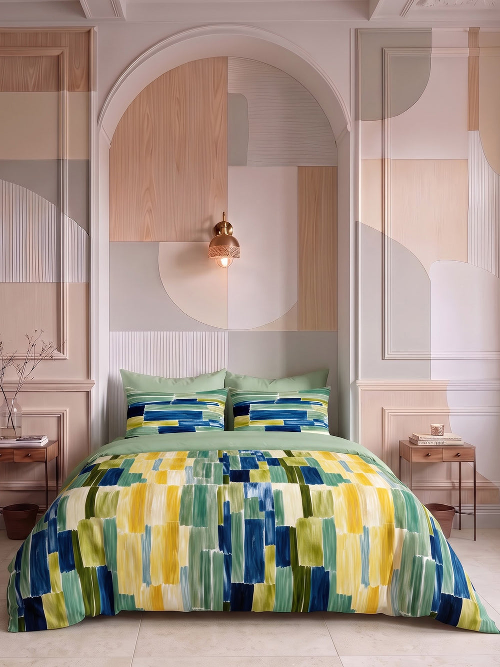LABHAM Abstract 200TC NaturaSoft bedsheet in Bedsheet Set With 2 Matching Pillow Covers - King Size, styled on a king bed