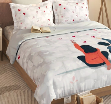 LABHAM Love Forever 200TC Natura Soft Slate Grey Heart Whisper Couple Print Bedsheet Set With 2 Matching Pillow Covers - King Size