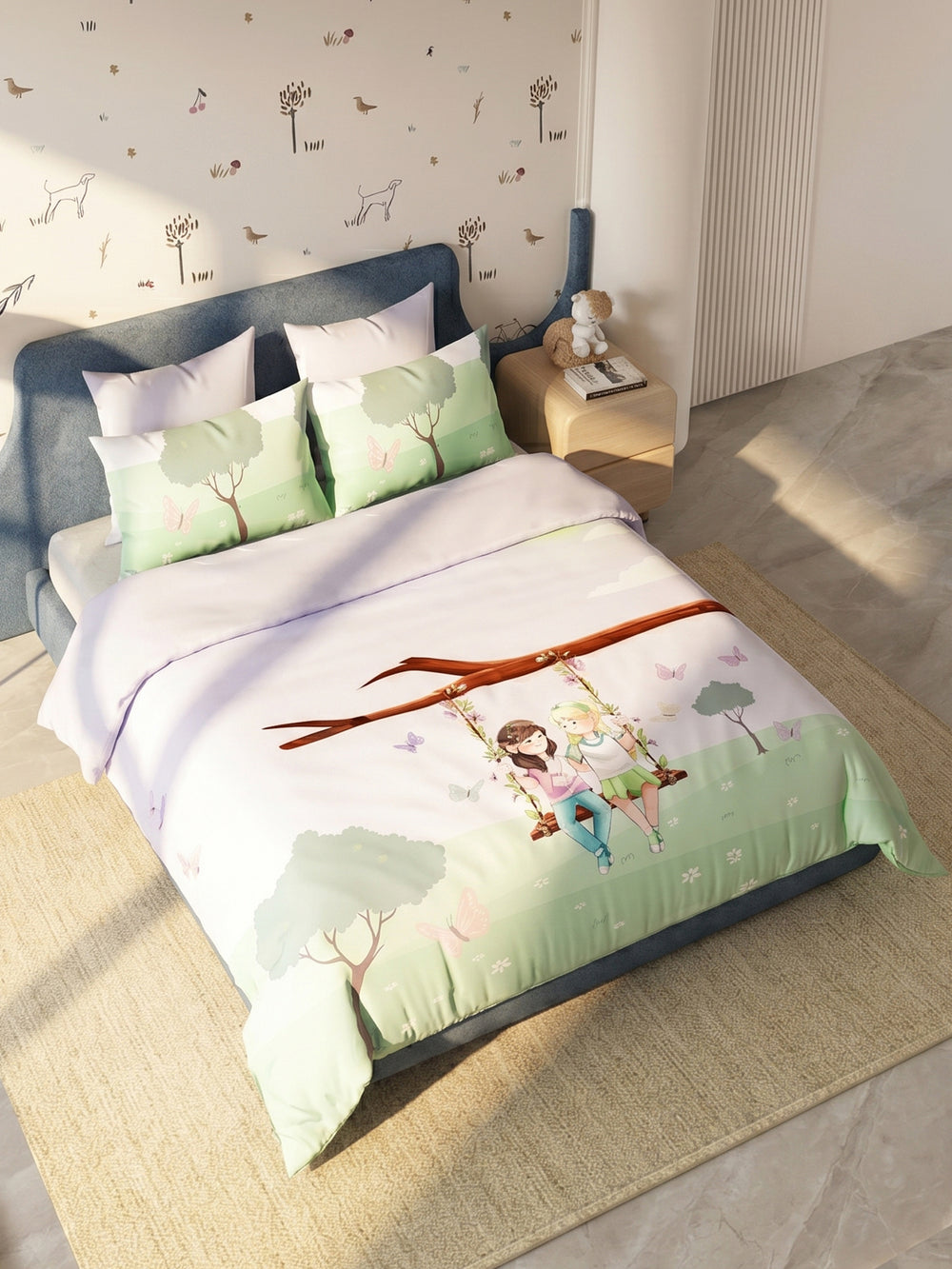 LABHAM Happy Home 200TC NaturaSoft bedsheet in Garden Swing Print Lilac, styled on a king bed