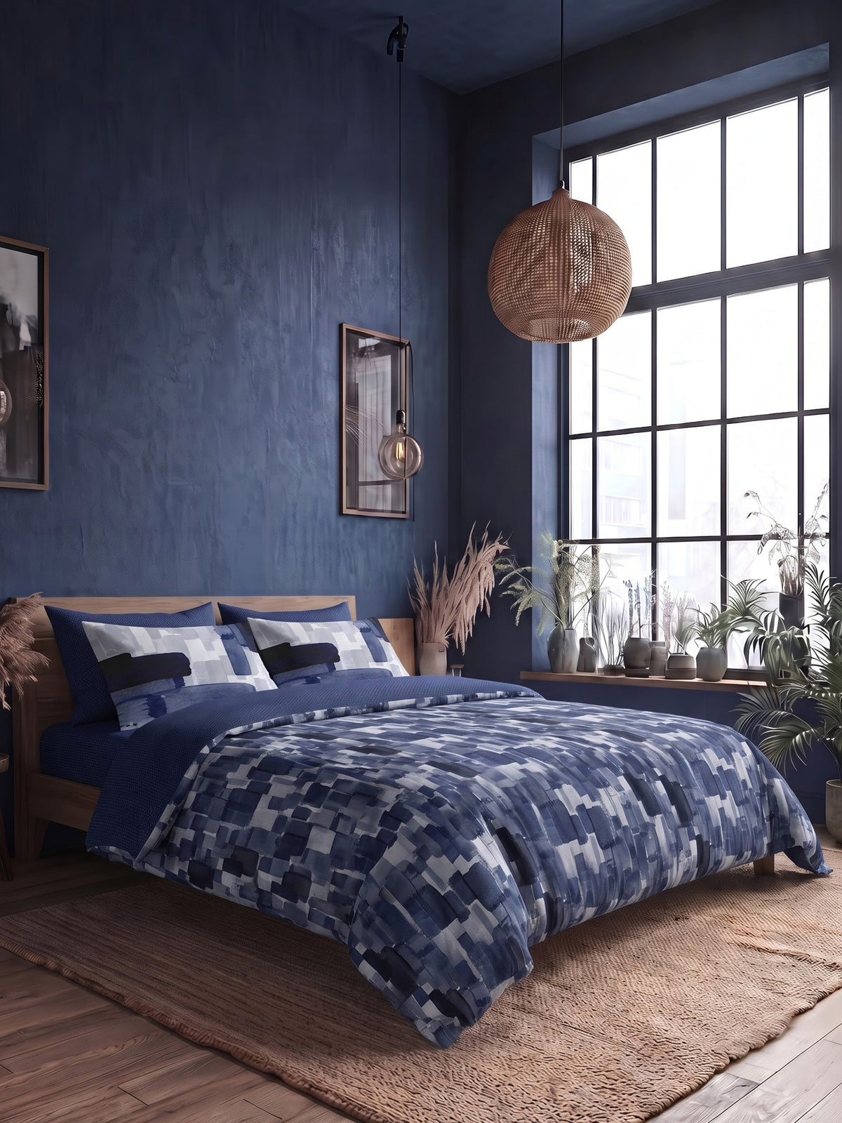 LABHAM Indigo 200TC Natura Soft Bedsheet Set With 2 Matching Pillow Covers - King Size