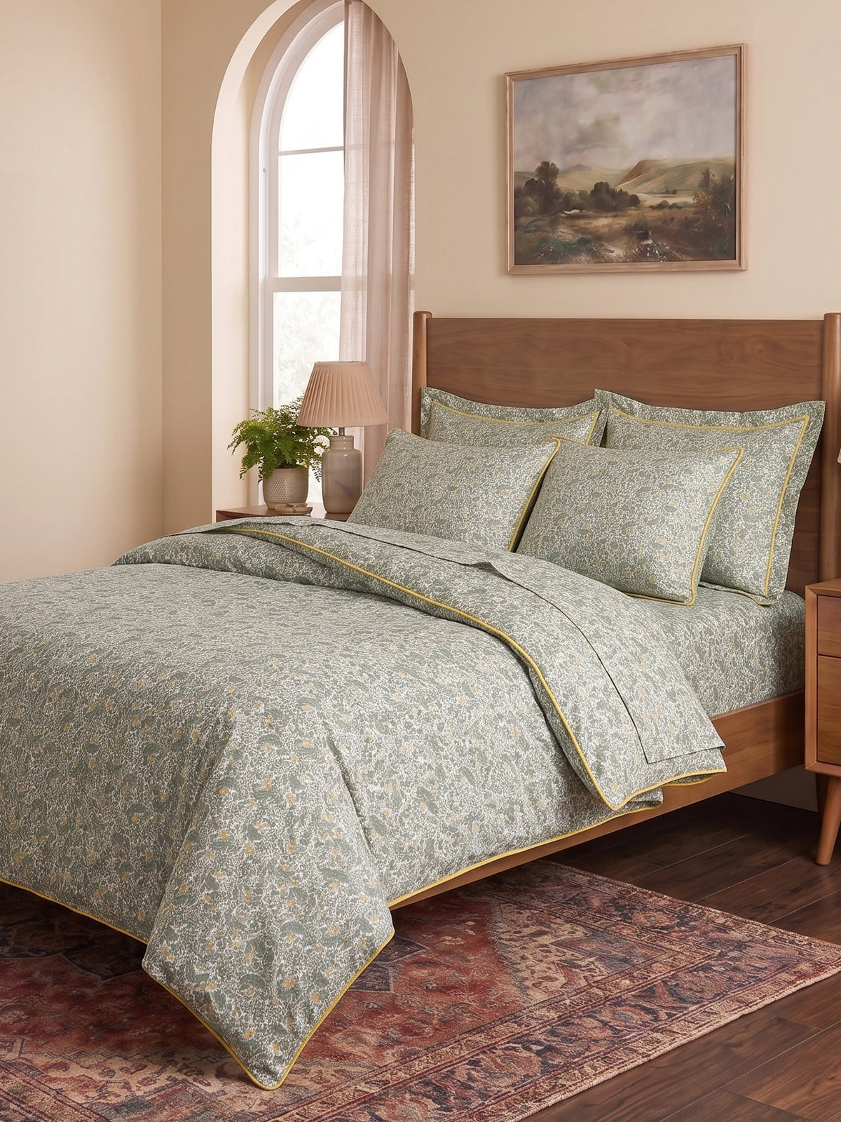 LABHAM Hemline 500TC 100% Cotton Printed King Size Bedsheet Set with 2 Matching Pillow Covers - King Size ( Sage Bloom )