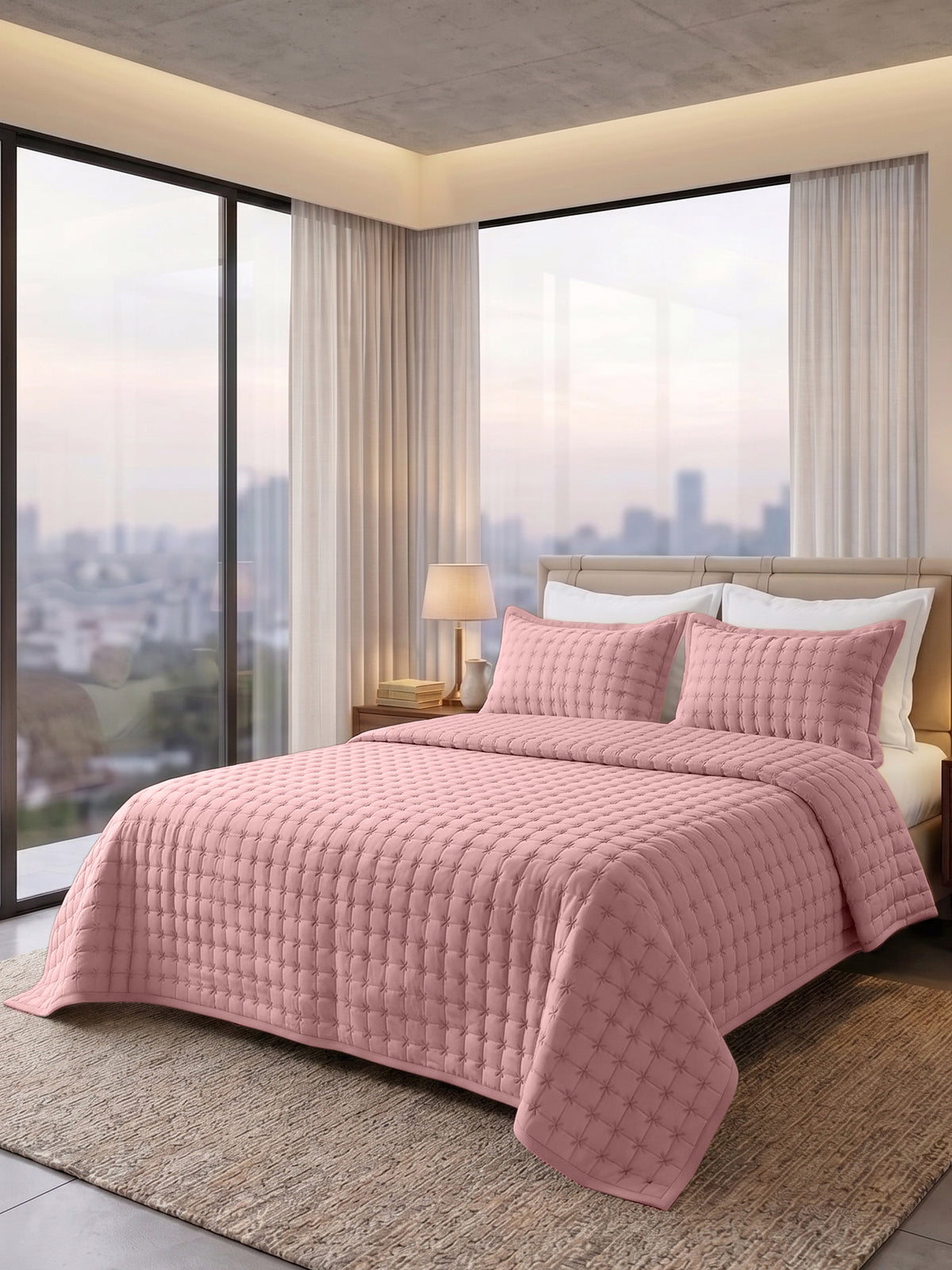 SOLACE 300GSM Cross Stitch Embroidered Quilt Bed Cover Set with 2 Pillow Covers – King Size