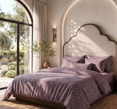 LABHAM Kadambari 300TC cotton king bedsheet in purple — Moroccan ogee damask percale (view 3)