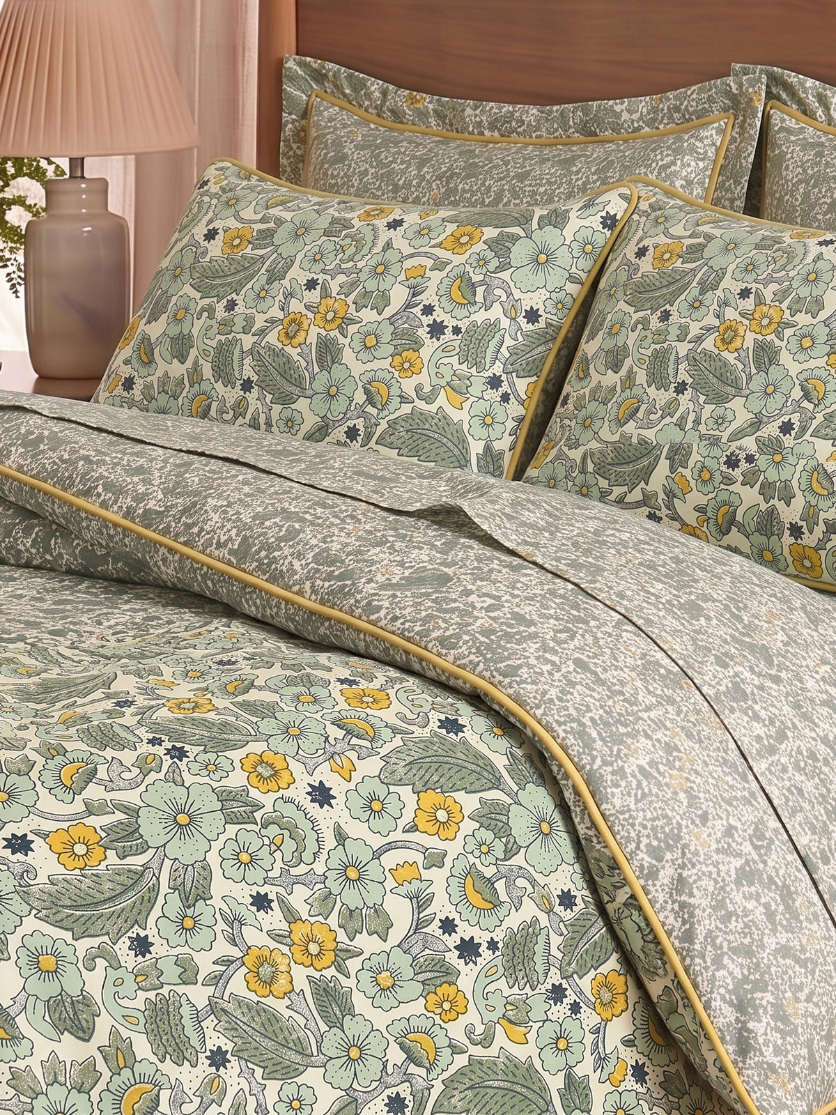 LABHAM Hemline 500TC 100% Cotton Printed King Size Bedsheet Set with 2 Matching Pillow Covers - King Size ( Sage Bloom )