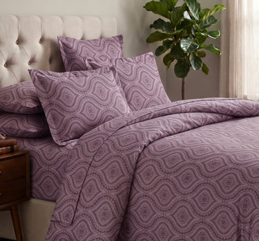 LABHAM Kadambari 300TC cotton king bedsheet in purple — Moroccan ogee damask percale (view 1)