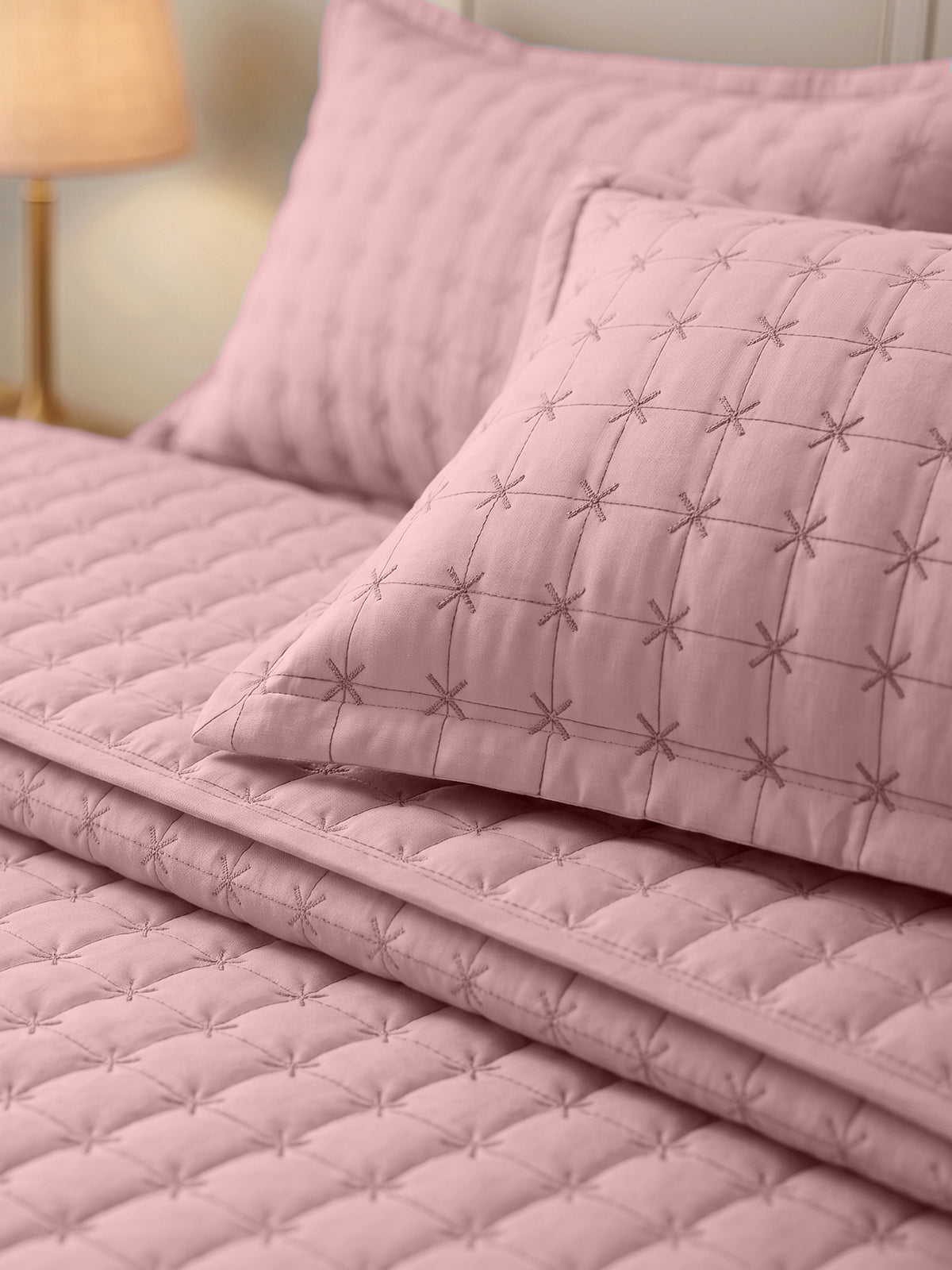 SOLACE 300GSM Cross Stitch Embroidered Quilt Bed Cover Set with 2 Pillow Covers – King Size