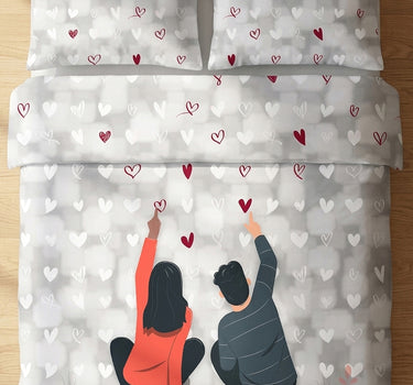 LABHAM Love Forever 200TC Natura Soft Slate Grey Heart Whisper Couple Print Bedsheet Set With 2 Matching Pillow Covers - King Size