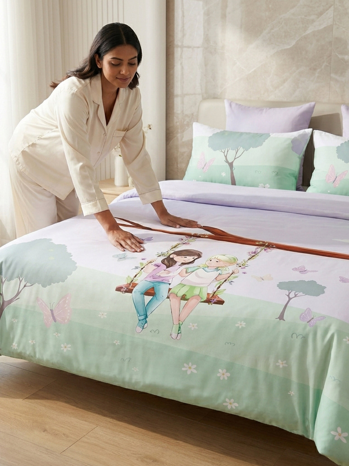 LABHAM Happy Home 200TC Natura Soft Garden Swing Print Lilac Bedsheet Set With 2 Matching Pillow Covers - King Size