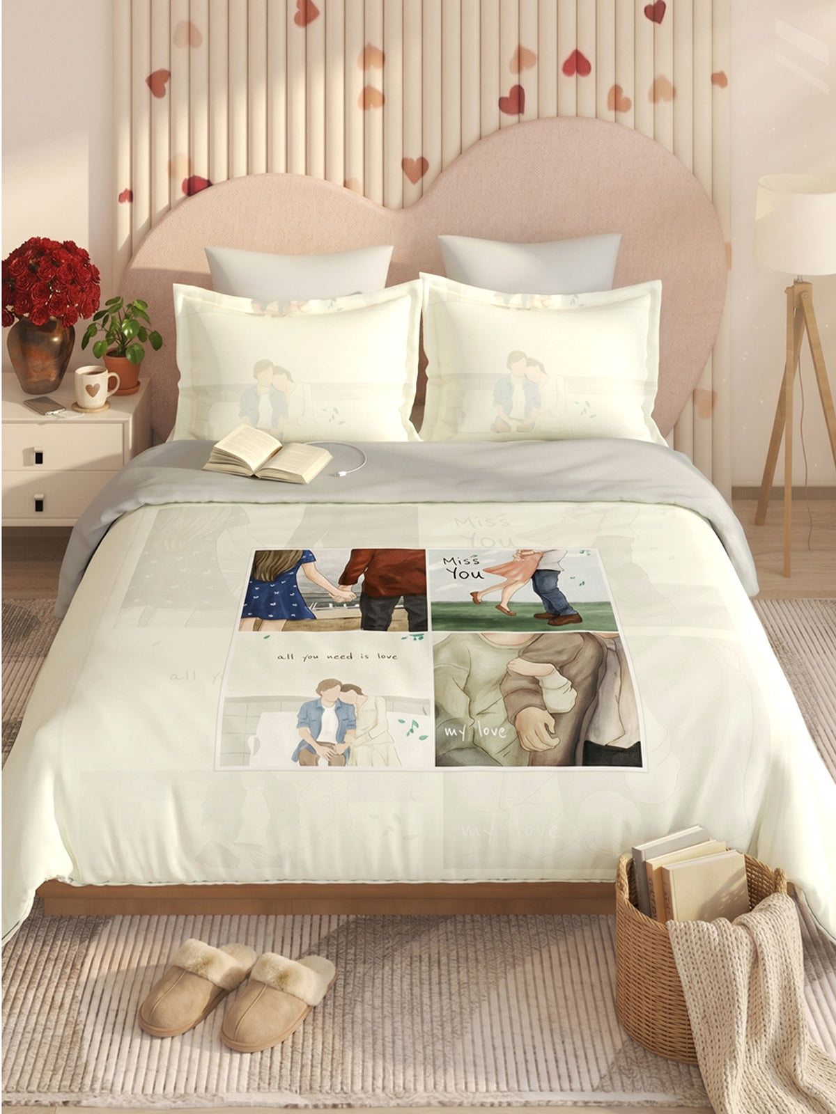 Love Forever 200TC Natura Soft Vanilla Cream Memory Lane Couple Print Bedsheet Set With 2 Matching Pillow Covers - King Size