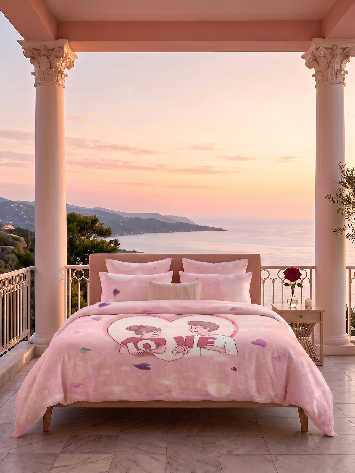 Love Forever 200TC Natura Soft Blush Pink LOVE Couple Print Bedsheet Set With 2 Matching Pillow Covers - King Size