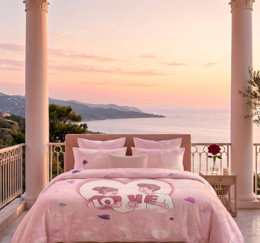 Love Forever 200TC Natura Soft Blush Pink LOVE Couple Print Bedsheet Set With 2 Matching Pillow Covers - King Size