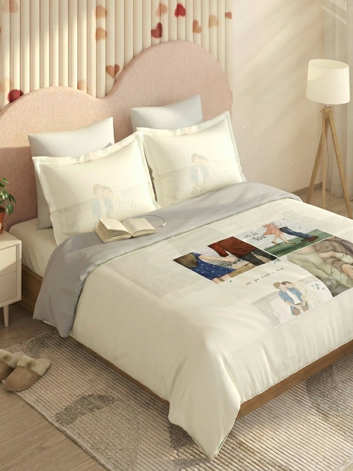 Love Forever 200TC Natura Soft Vanilla Cream Memory Lane Couple Print Bedsheet Set With 2 Matching Pillow Covers - King Size
