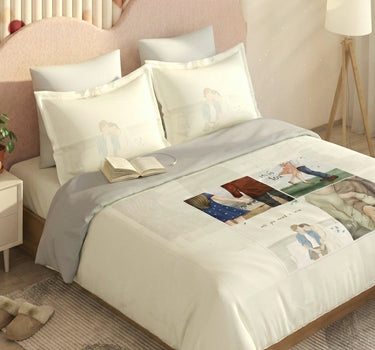 LABHAM Love Forever 200TC Natura Soft Vanilla Cream Memory Lane Couple Print Bedsheet Set With 2 Matching Pillow Covers - King Size