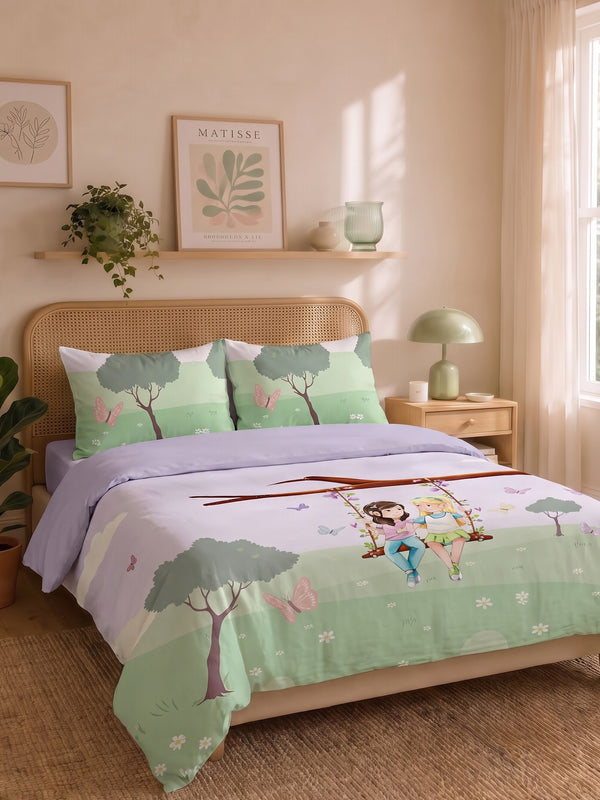 Happy Home 200TC Natura Soft Garden Swing Print Lilac Bedsheet Set With 2 Matching Pillow Covers - King Size